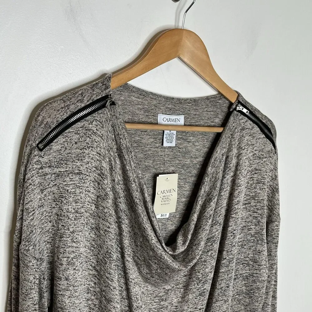 Carmen Marc Valvo Cowl Neck Knit Top Heather Tan Womens 1X Long Sleeve - Picture 2 of 7